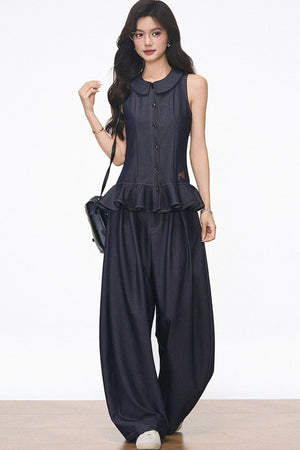 Doll Collar Faux Denim Set-Up