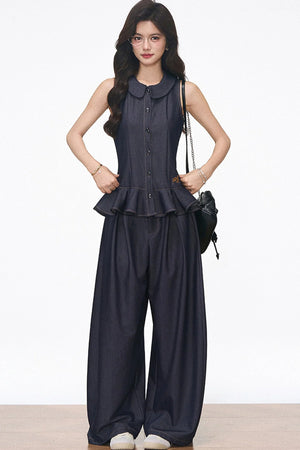 Doll Collar Faux Denim Set-Up