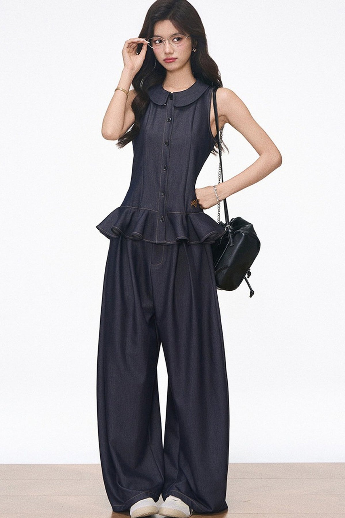 Doll Collar Faux Denim Set-Up