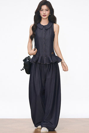 Doll Collar Faux Denim Set-Up