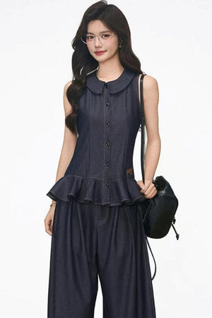 Doll Collar Faux Denim Set-Up