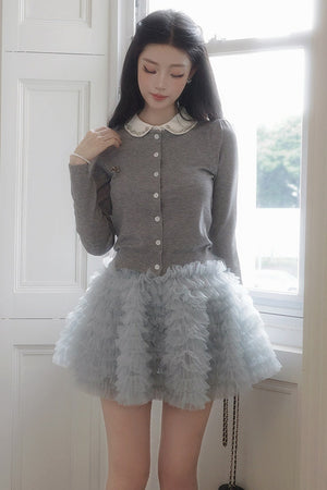 Doll Collar Knitted Cardigan and Tiered Cake Skirt Set-Up