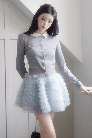 Doll Collar Knitted Cardigan and Tiered Cake Skirt Set-Up