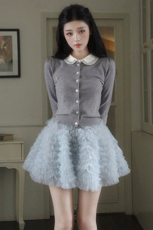Doll Collar Knitted Cardigan and Tiered Cake Skirt Set-Up
