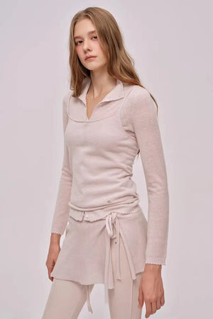 Doll Collar Knitted Cardigan Set-Up