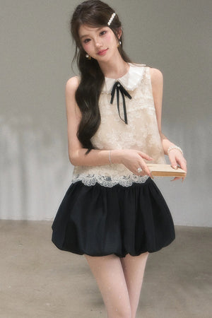 Doll Collar Lace Top and Floral Skirt Set-Up