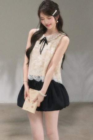 Doll Collar Lace Top and Floral Skirt Set-Up