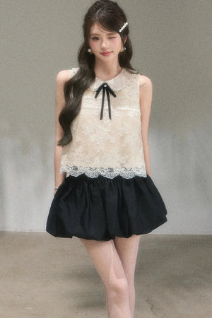 Doll Collar Lace Top and Floral Skirt Set-Up
