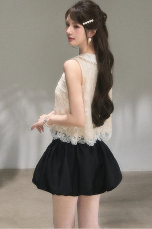 Doll Collar Lace Top and Floral Skirt Set-Up