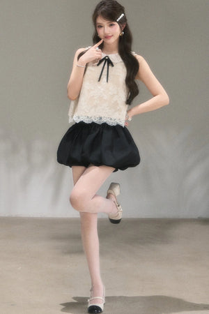 Doll Collar Lace Top and Floral Skirt Set-Up
