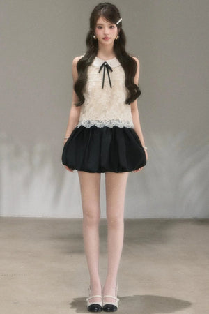 Doll Collar Lace Top and Floral Skirt Set-Up