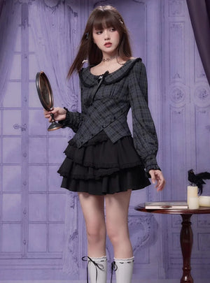 Doll Collar Long Sleeve Plaid Top