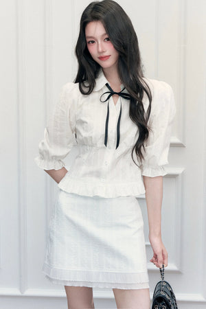 Doll Collar Mid-Sleeve Shirt and Hip-Hugging Skirt Set-Up