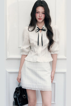 Doll Collar Mid-Sleeve Shirt and Hip-Hugging Skirt Set-Up