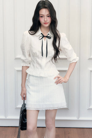 Doll Collar Mid-Sleeve Shirt and Hip-Hugging Skirt Set-Up