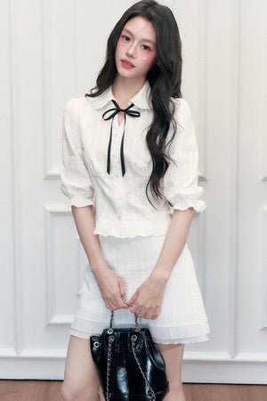 Doll Collar Mid-Sleeve Shirt and Hip-Hugging Skirt Set-Up