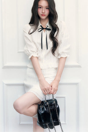 Doll Collar Mid-Sleeve Shirt and Hip-Hugging Skirt Set-Up