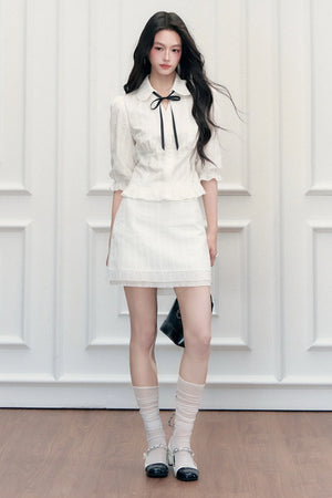 Doll Collar Mid-Sleeve Shirt and Hip-Hugging Skirt Set-Up