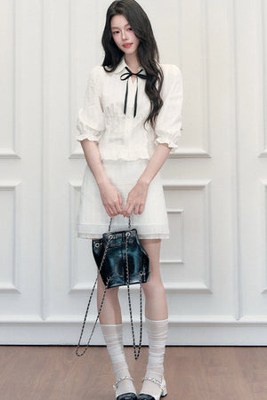Doll Collar Mid-Sleeve Shirt and Hip-Hugging Skirt Set-Up