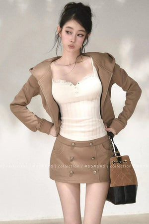 Double-Breasted Hooded Sweatshirt and Skirt Set-Up