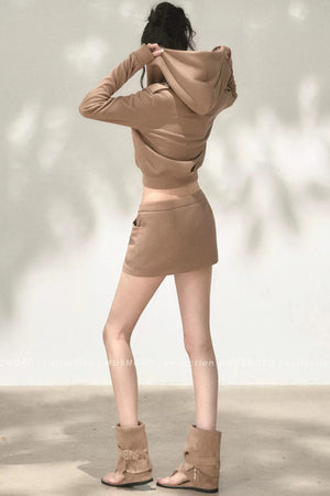 Double-Breasted Hooded Sweatshirt and Skirt Set-Up