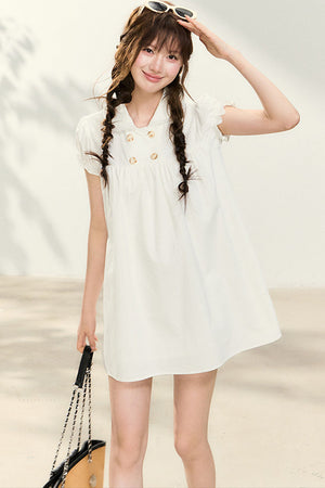 Double-Breasted Puff-Sleeve Peter Pan Collar Dress