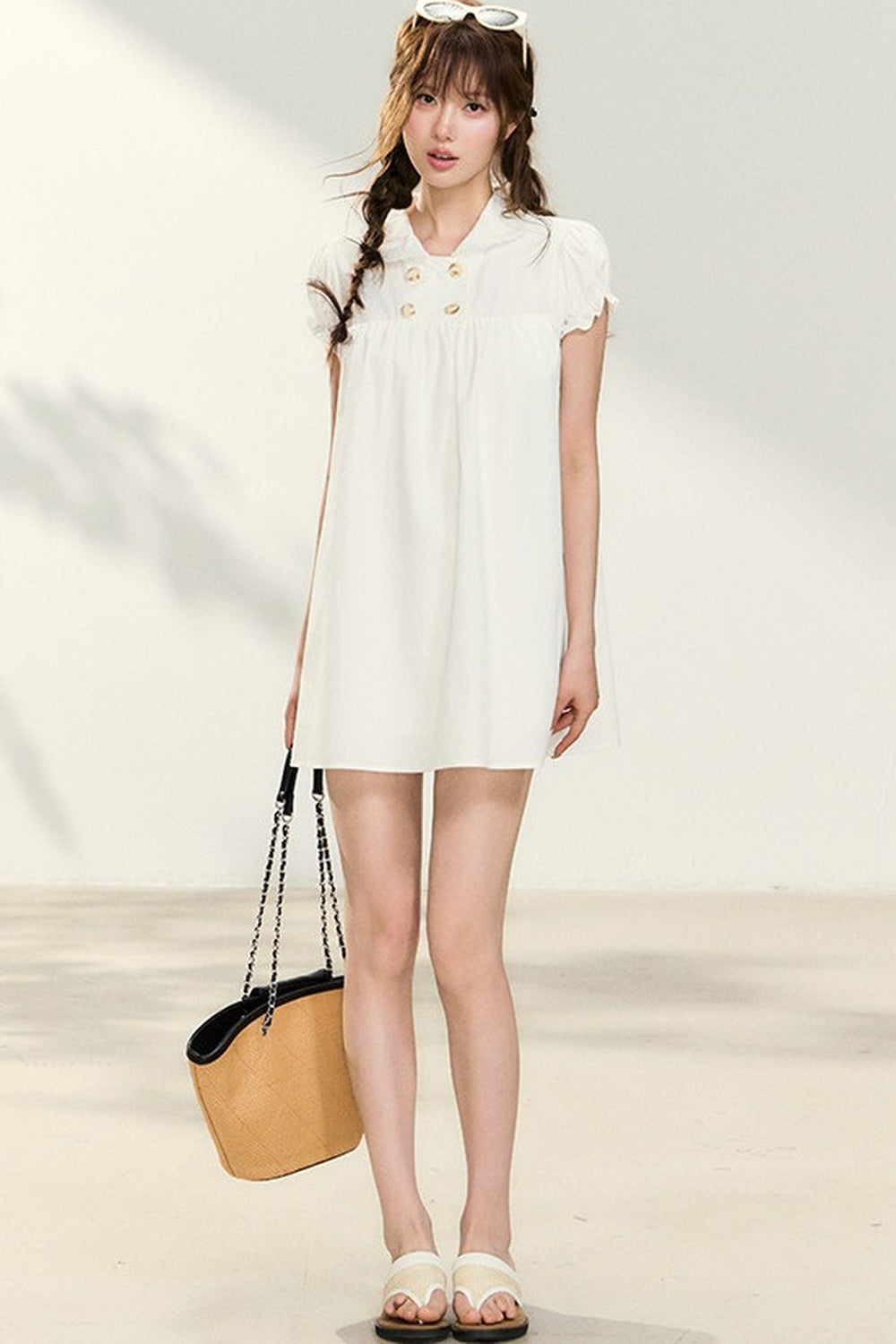 Double-Breasted Puff-Sleeve Peter Pan Collar Dress