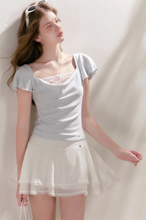 Double-Layer Chiffon Lace Trim A-Line Cake Skirt