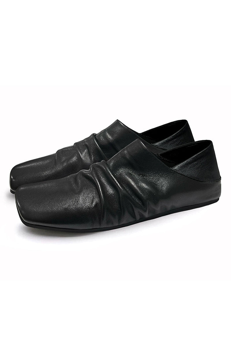 Black Ruched Leather Mules