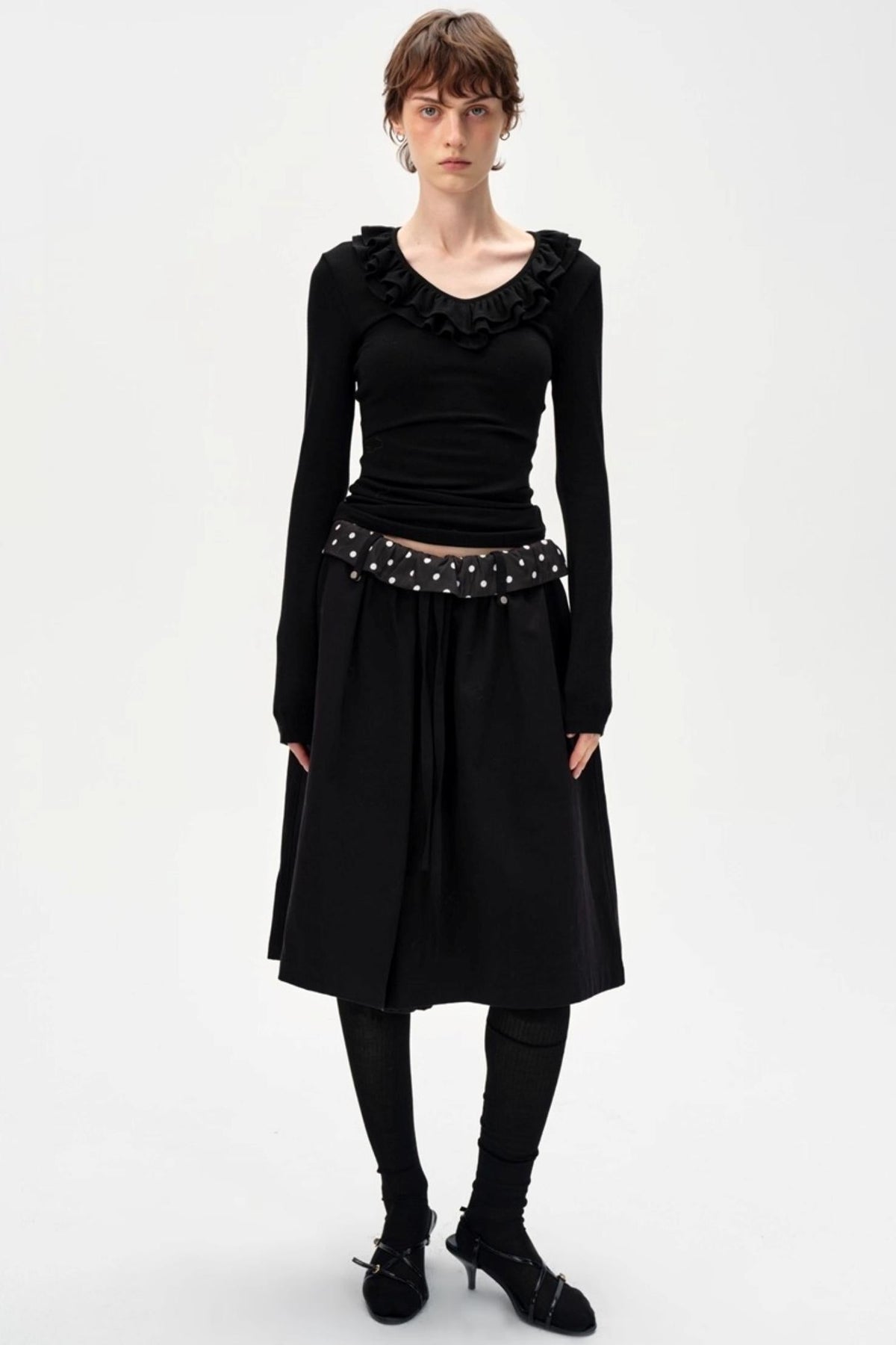 Drape Patchwork Polka Dot Waist Drawstring Skirt