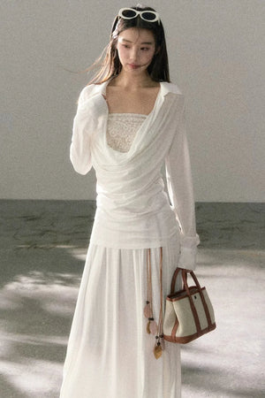 Draped Collar Lace Top Skirt Set-Up