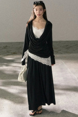 Draped Collar Lace Top Skirt Set-Up