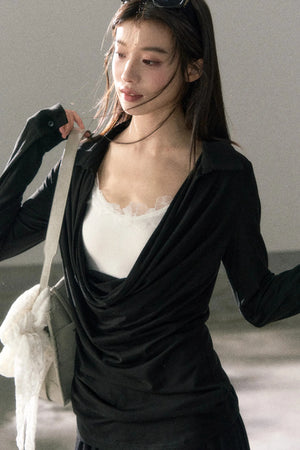 Draped Collar Lace Top Skirt Set-Up
