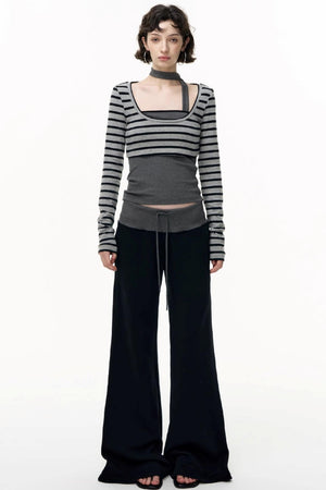 Drawstring Cotton Flared Sweatshirt Slacks