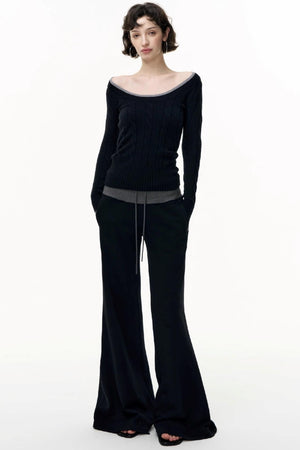 Drawstring Cotton Flared Sweatshirt Slacks