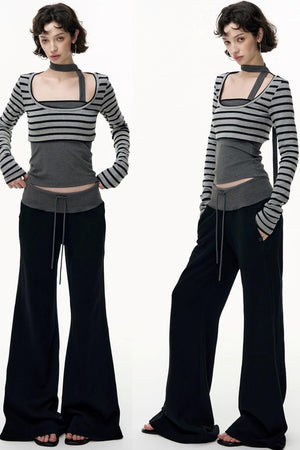 Drawstring Cotton Flared Sweatshirt Slacks