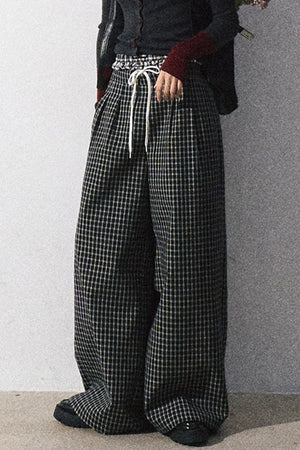 Drawstring Plaid Wide-Leg Pants