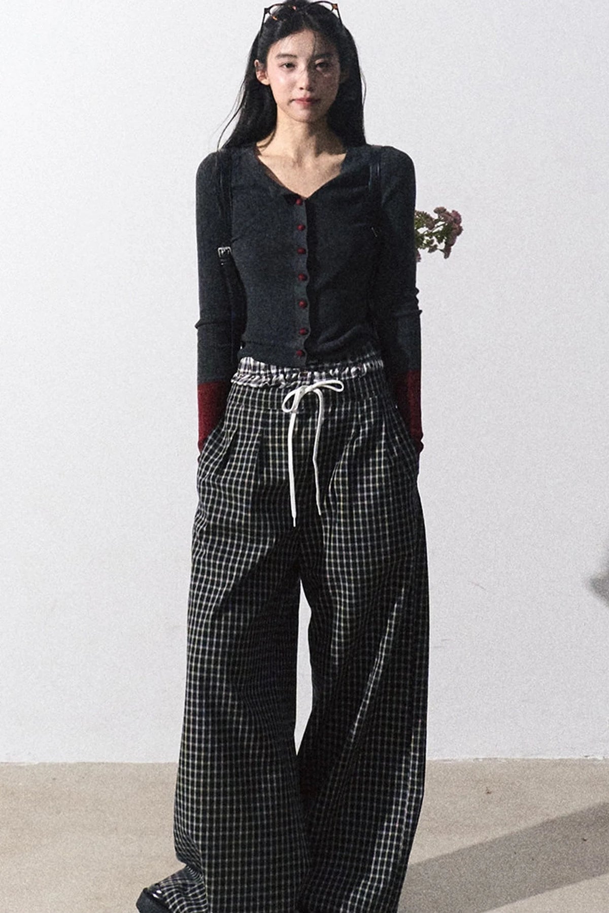 Drawstring Plaid Wide-Leg Pants