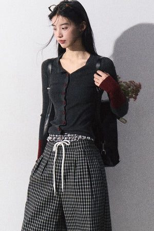 Drawstring Plaid Wide-Leg Pants
