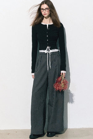 Drawstring Plaid Wide-Leg Pants