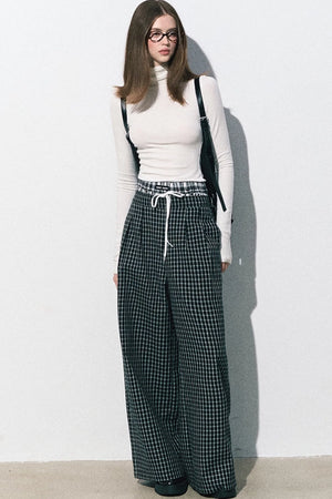 Drawstring Plaid Wide-Leg Pants