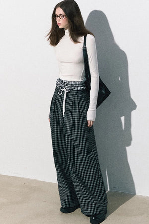 Drawstring Plaid Wide-Leg Pants