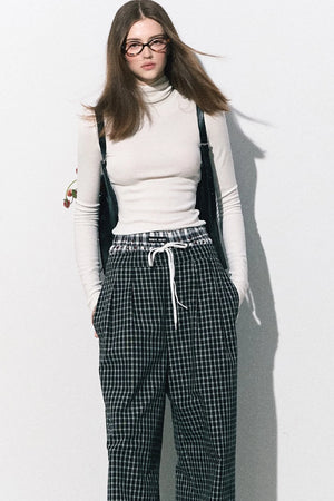 Drawstring Plaid Wide-Leg Pants