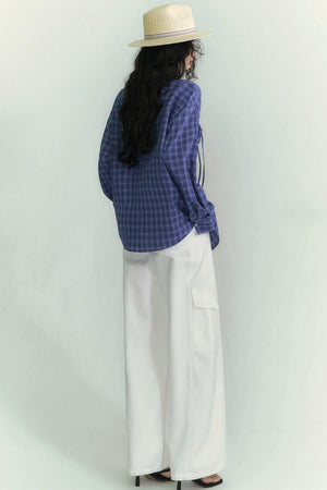 Drawstring Pocket Plaid Shirt