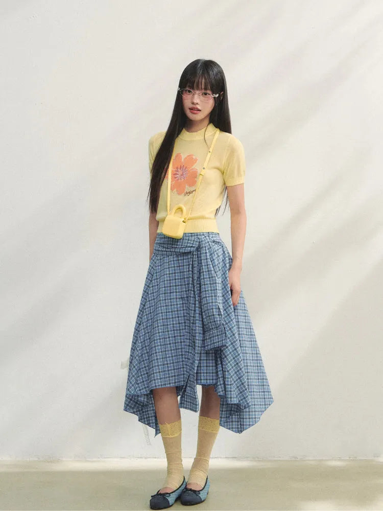 Blue Checkered Irregular Tie-Waist Skirt