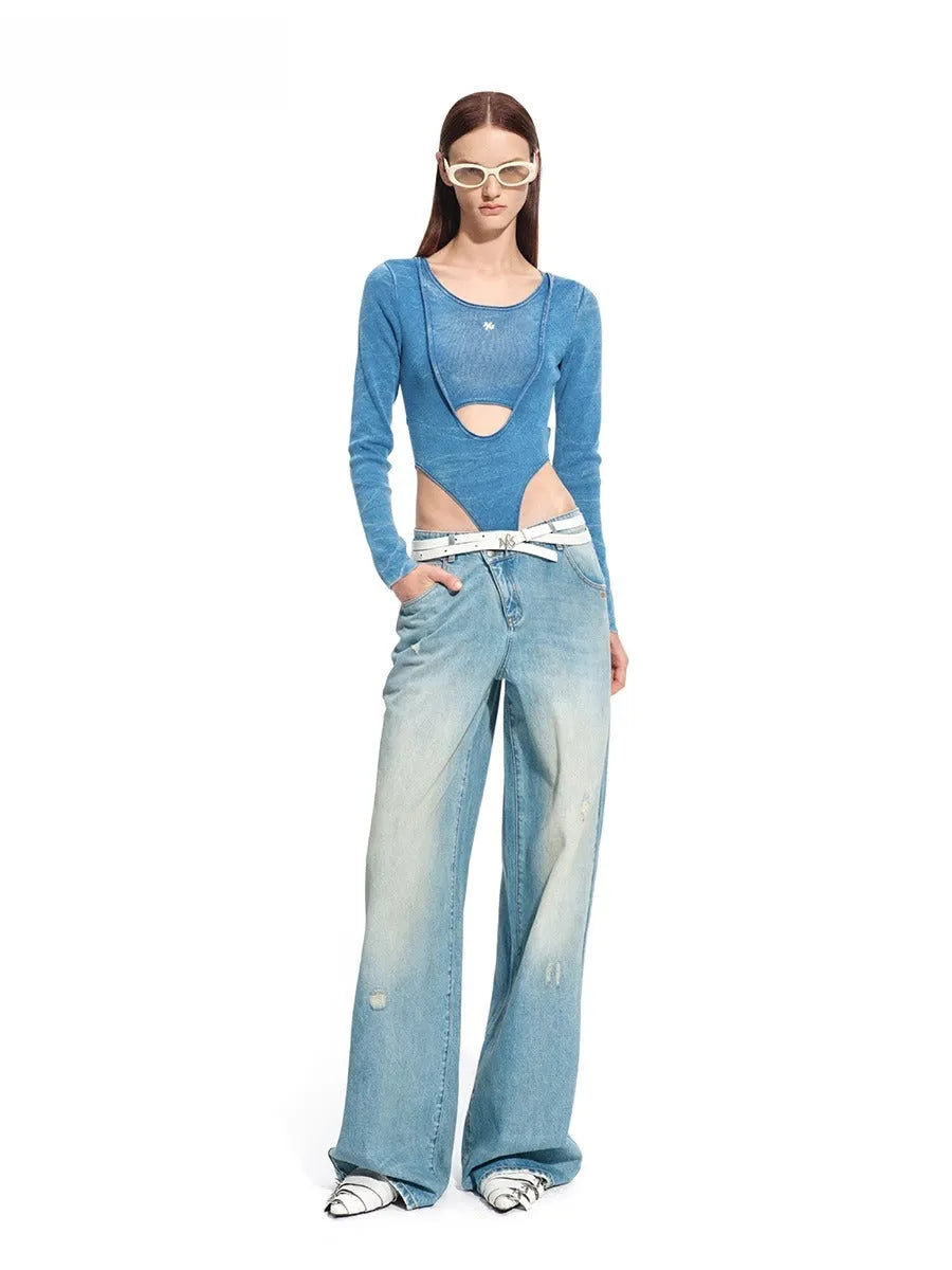 "Caracal Series" Washed Crinkle Denim Mesh Bodysuit