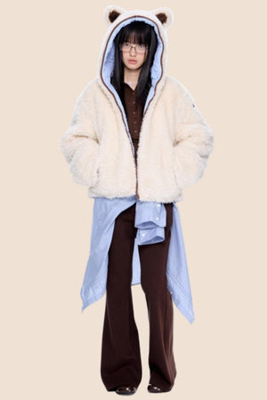 Ear-Flap Striped Faux Shearling Jacket