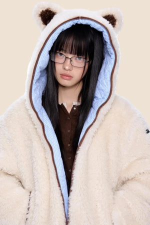 Ear-Flap Striped Faux Shearling Jacket