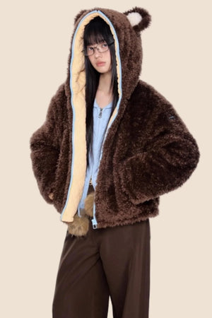 Ear-Flap Striped Faux Shearling Jacket