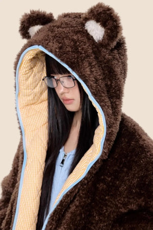 Ear-Flap Striped Faux Shearling Jacket